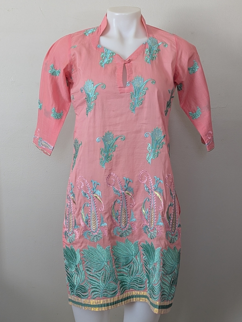 Women's Pink Teal Embroidered Kurta Top Indian South Asian Bollywood